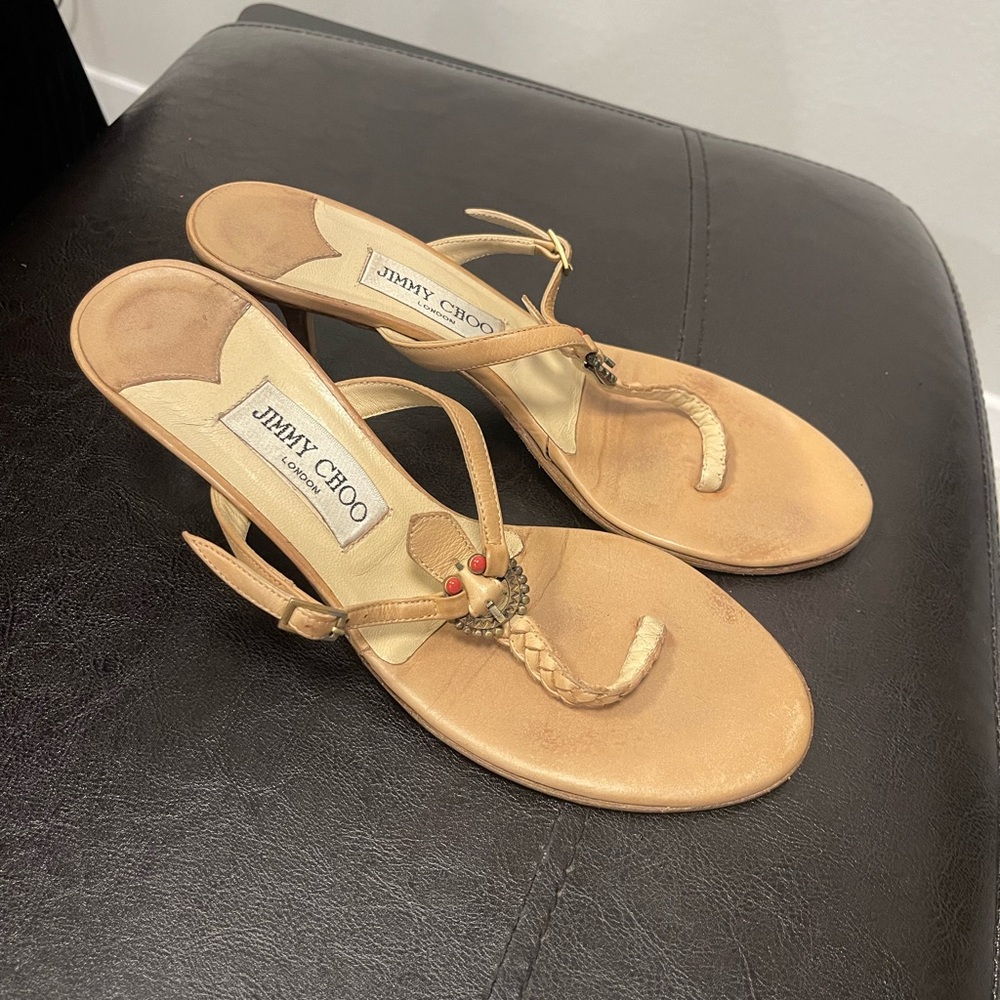 Y2K vintage Jimmy choo braided thong kitten heel leather sandals Sz 38